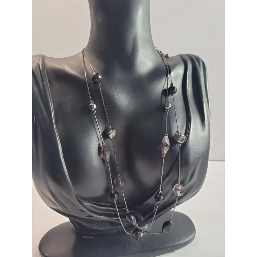 Premier Designs Black Gray Double Strand Beaded Necklace Faceted Geometric